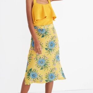 Madewell Silk Floral Midi Skirt Side Button Slit Cottagecore Yellow Blue 14 Boho